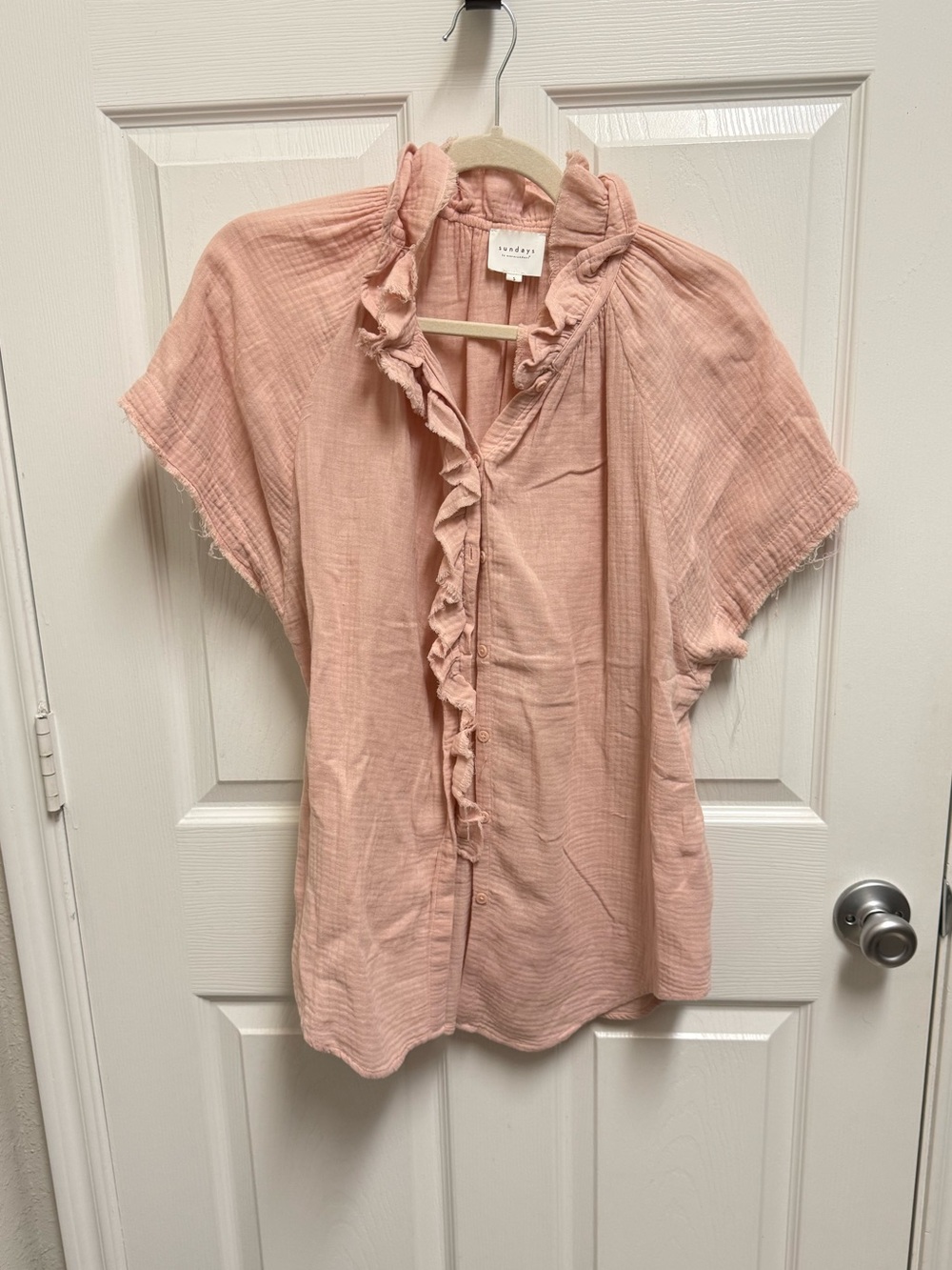 Sundays Pink Ruffle Front Button Down Blouse